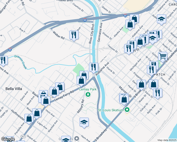 map of restaurants, bars, coffee shops, grocery stores, and more near 8521 Idaho Avenue in St. Louis