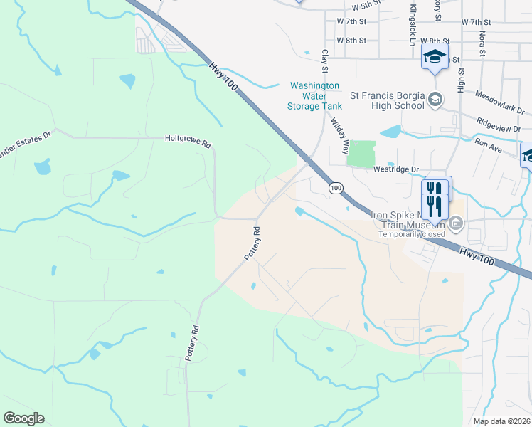 map of restaurants, bars, coffee shops, grocery stores, and more near 1365 Pottery Road in Washington