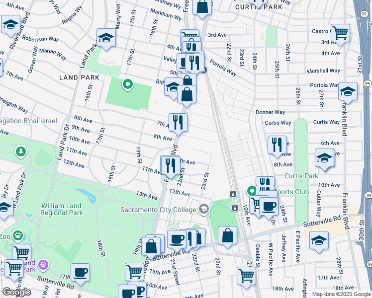 map of restaurants, bars, coffee shops, grocery stores, and more near Freeport Boulevard in Sacramento County