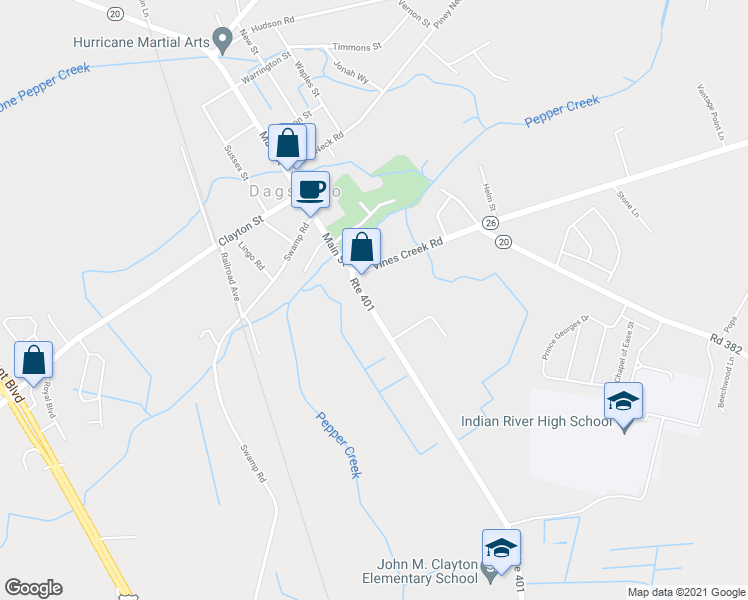 map of restaurants, bars, coffee shops, grocery stores, and more near 33026 Main Street in Dagsboro