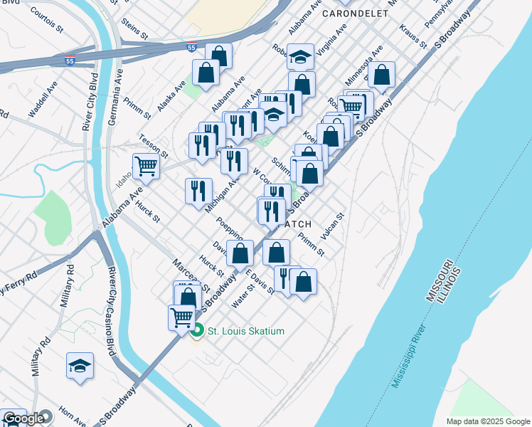map of restaurants, bars, coffee shops, grocery stores, and more near 7906 Pennsylvania Avenue in St. Louis
