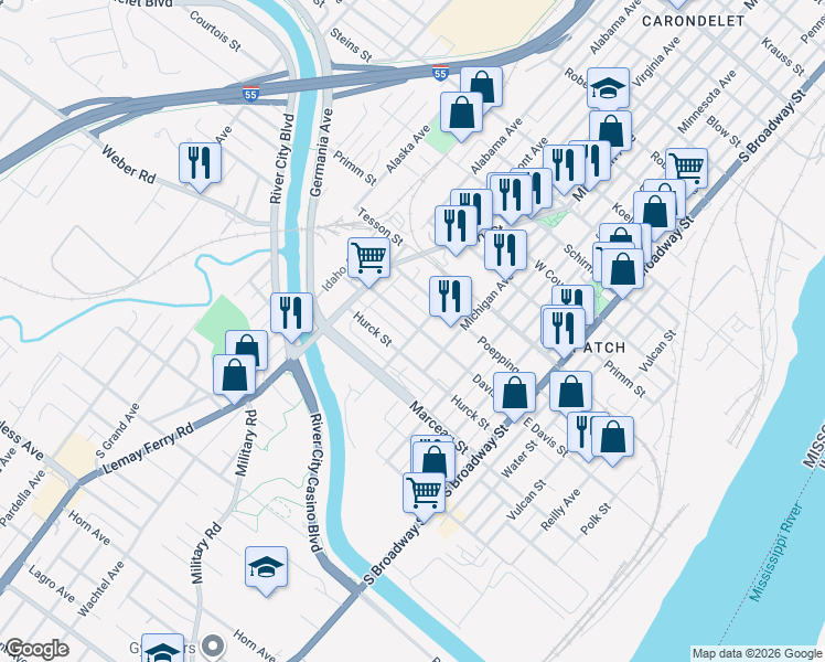 map of restaurants, bars, coffee shops, grocery stores, and more near 500 Davis Street in St. Louis