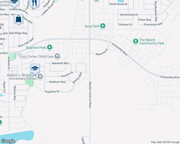 map of restaurants, bars, coffee shops, grocery stores, and more near 4721 Jaeger Road in Rancho Cordova