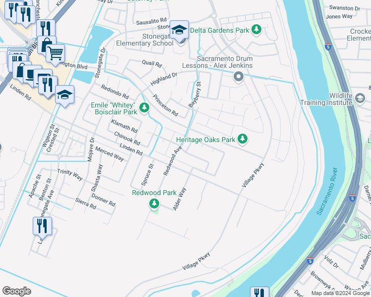 map of restaurants, bars, coffee shops, grocery stores, and more near 2862 Peachtree Street in West Sacramento