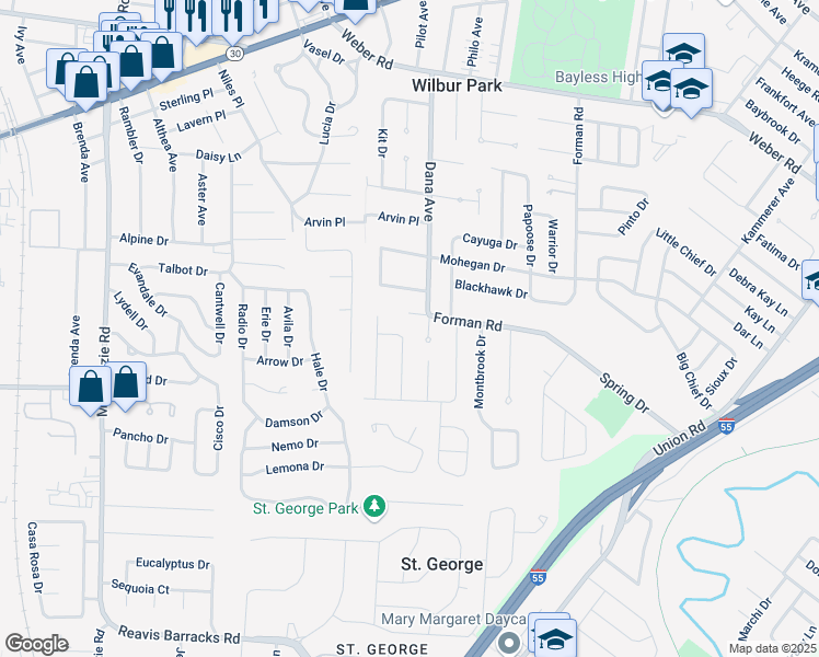 map of restaurants, bars, coffee shops, grocery stores, and more near 8901 Starboard Drive in Affton