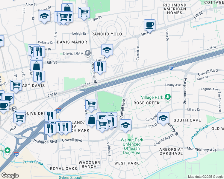 map of restaurants, bars, coffee shops, grocery stores, and more near 2555 Research Park Drive in Davis