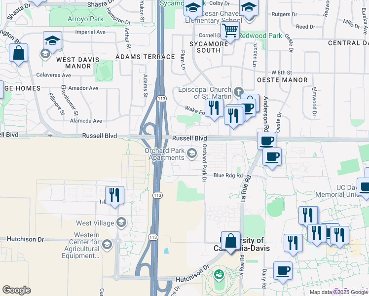 map of restaurants, bars, coffee shops, grocery stores, and more near 5013 Orchard Park Circle in Davis
