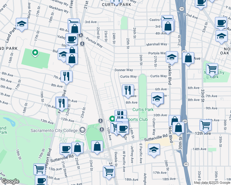 map of restaurants, bars, coffee shops, grocery stores, and more near 21 Crocker Drive in Sacramento
