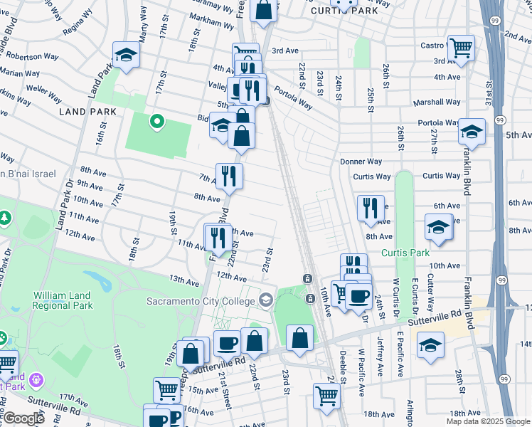 map of restaurants, bars, coffee shops, grocery stores, and more near 2255 8th Avenue in Sacramento