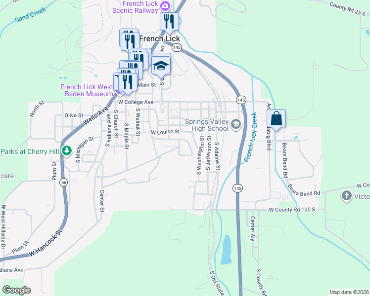 map of restaurants, bars, coffee shops, grocery stores, and more near 8359 Emerald Drive in French Lick