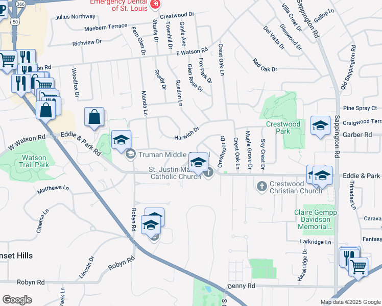 map of restaurants, bars, coffee shops, grocery stores, and more near 11929 Eddie & Park Road in St. Louis