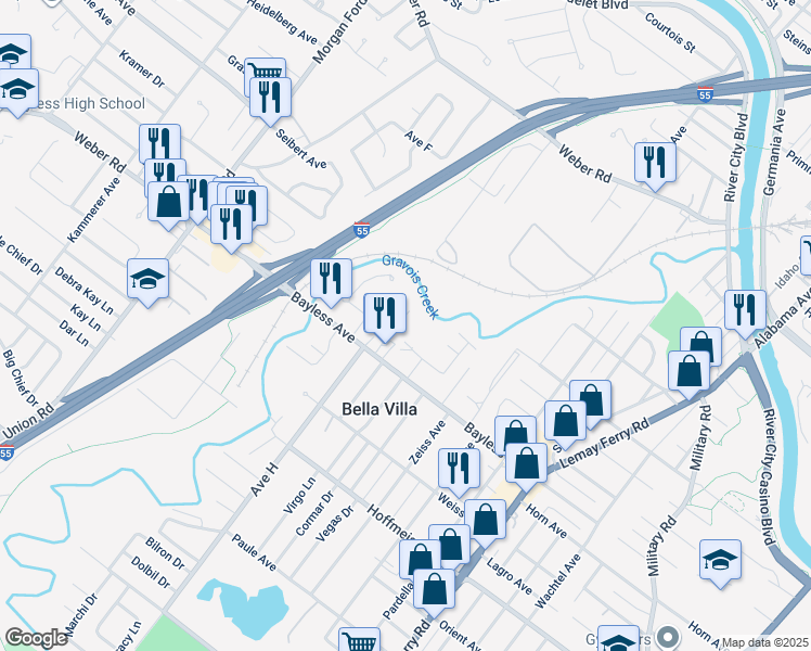 map of restaurants, bars, coffee shops, grocery stores, and more near 630 San Gabriel Place in Saint Louis