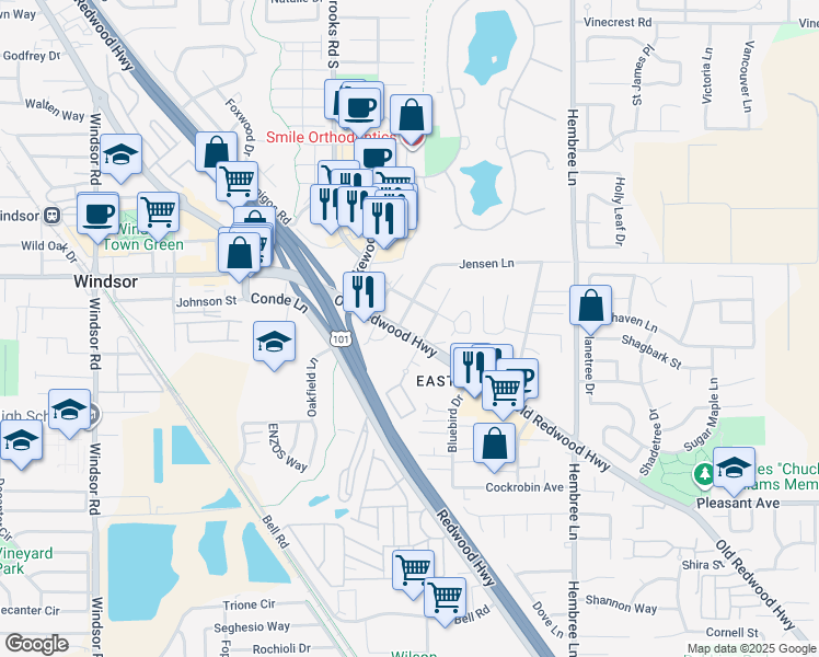 map of restaurants, bars, coffee shops, grocery stores, and more near 8710 Old Redwood Highway in Windsor