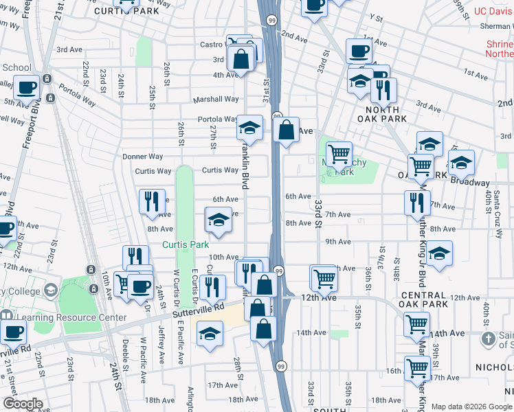 map of restaurants, bars, coffee shops, grocery stores, and more near 3200 31st Street in Sacramento