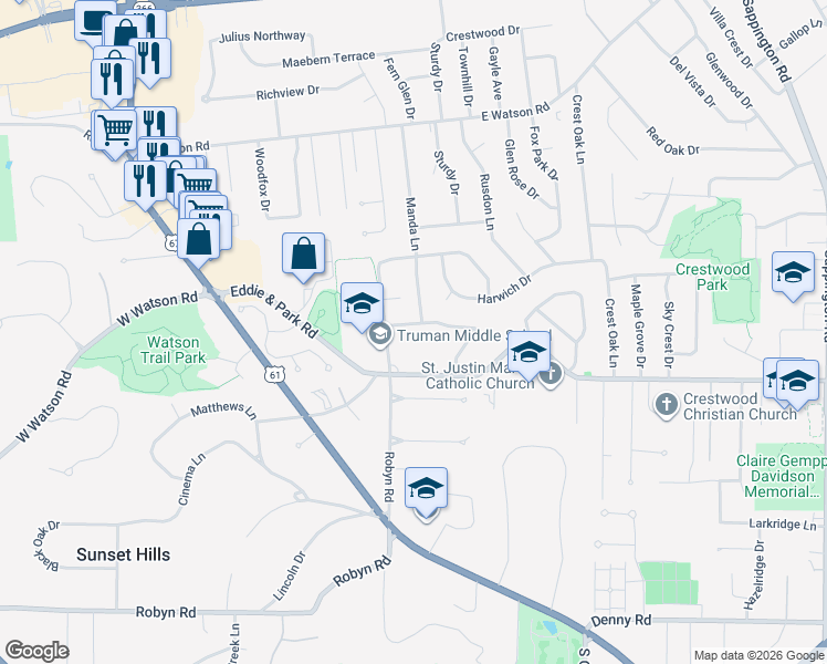 map of restaurants, bars, coffee shops, grocery stores, and more near 12142 Lowill Lane in St. Louis