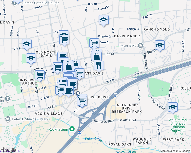 map of restaurants, bars, coffee shops, grocery stores, and more near K St & 3rd St in Davis