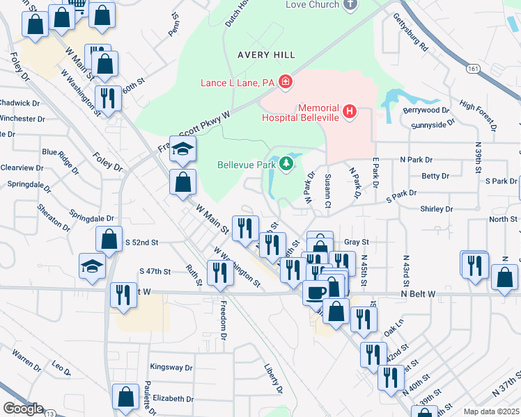 map of restaurants, bars, coffee shops, grocery stores, and more near 246 Rayburn Drive in Belleville