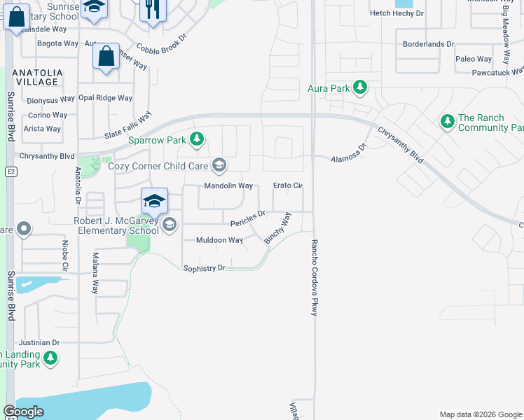 map of restaurants, bars, coffee shops, grocery stores, and more near 4355 Maeve Court in Rancho Cordova