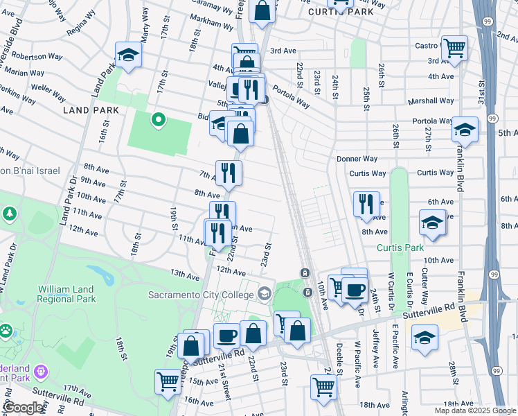 map of restaurants, bars, coffee shops, grocery stores, and more near 2255 8th Avenue in Sacramento