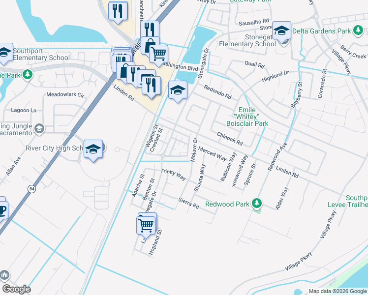 map of restaurants, bars, coffee shops, grocery stores, and more near 2922 Condor Street in West Sacramento