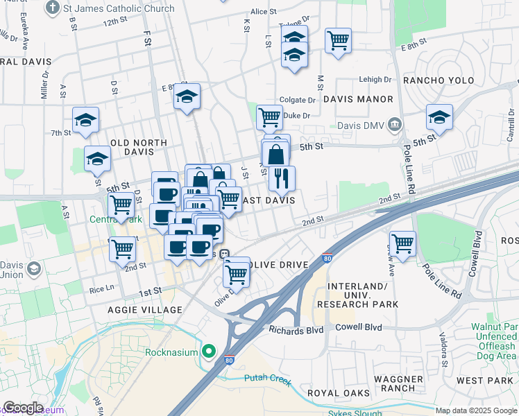 map of restaurants, bars, coffee shops, grocery stores, and more near 234 J Street in Davis