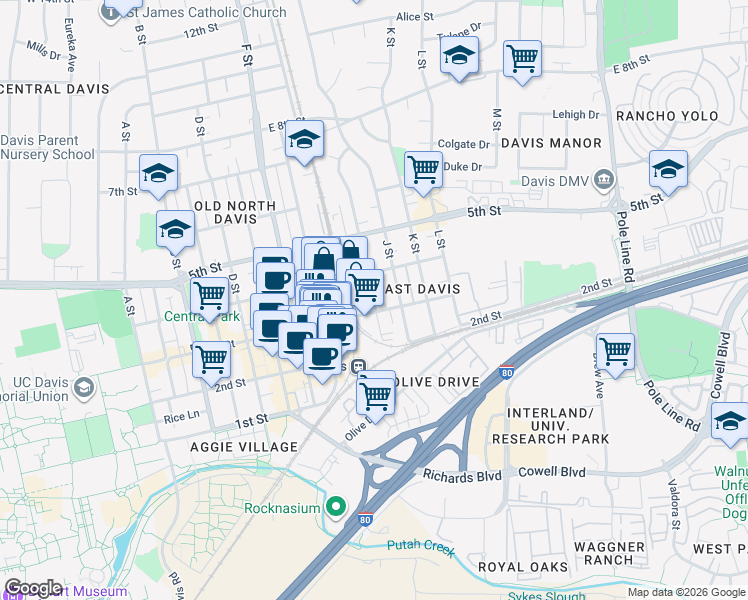 map of restaurants, bars, coffee shops, grocery stores, and more near 917 3rd Street in Davis