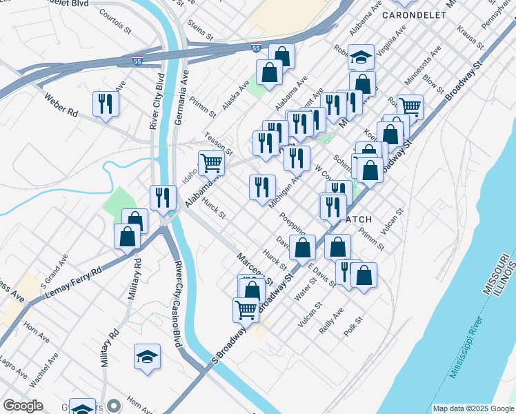 map of restaurants, bars, coffee shops, grocery stores, and more near 8157 Michigan Avenue in St. Louis