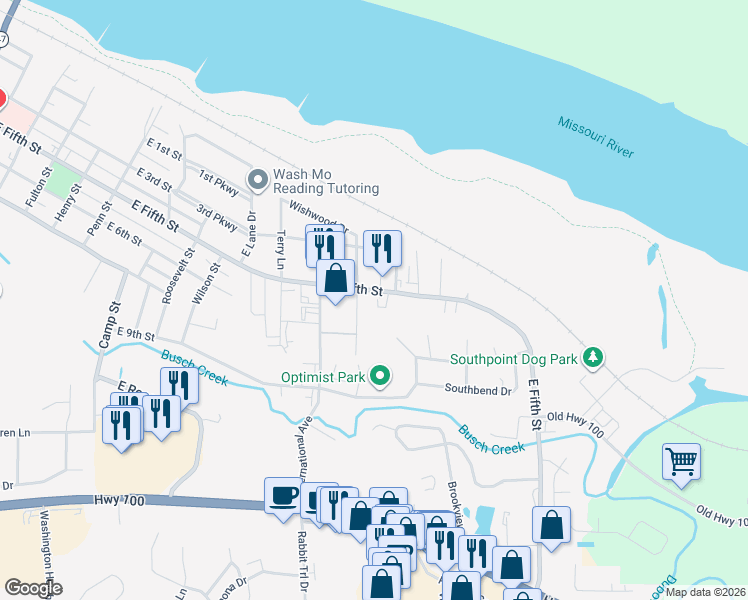map of restaurants, bars, coffee shops, grocery stores, and more near 2012 East Fifth Street in Washington