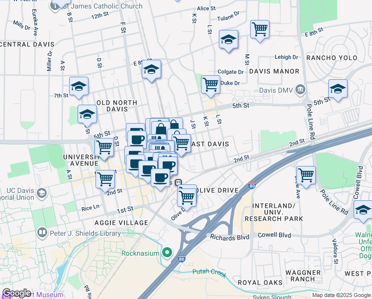 map of restaurants, bars, coffee shops, grocery stores, and more near 917 3rd Street in Davis