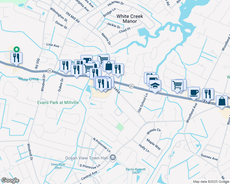 map of restaurants, bars, coffee shops, grocery stores, and more near 32630 Cedar Drive in Millville