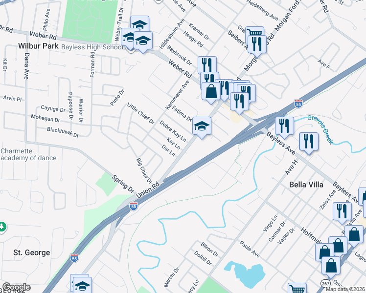 map of restaurants, bars, coffee shops, grocery stores, and more near 4300 Kay Lane in St. Louis