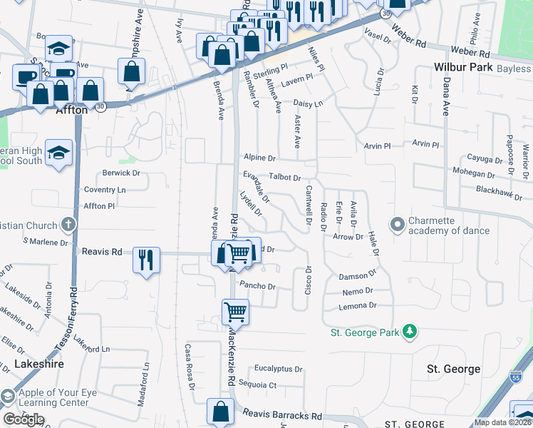 map of restaurants, bars, coffee shops, grocery stores, and more near 9511 Lydell Drive in Affton