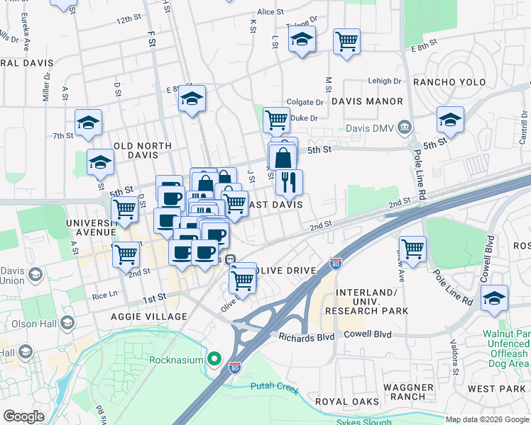map of restaurants, bars, coffee shops, grocery stores, and more near 300 J Street in Davis