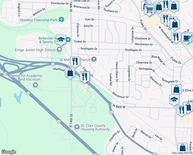 map of restaurants, bars, coffee shops, grocery stores, and more near 1308 Express Drive in Belleville