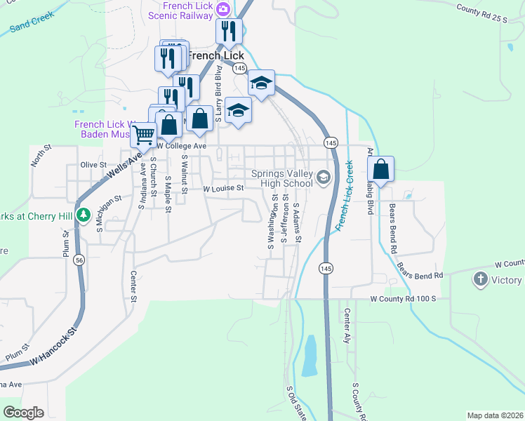 map of restaurants, bars, coffee shops, grocery stores, and more near 8359 Emerald Drive in French Lick