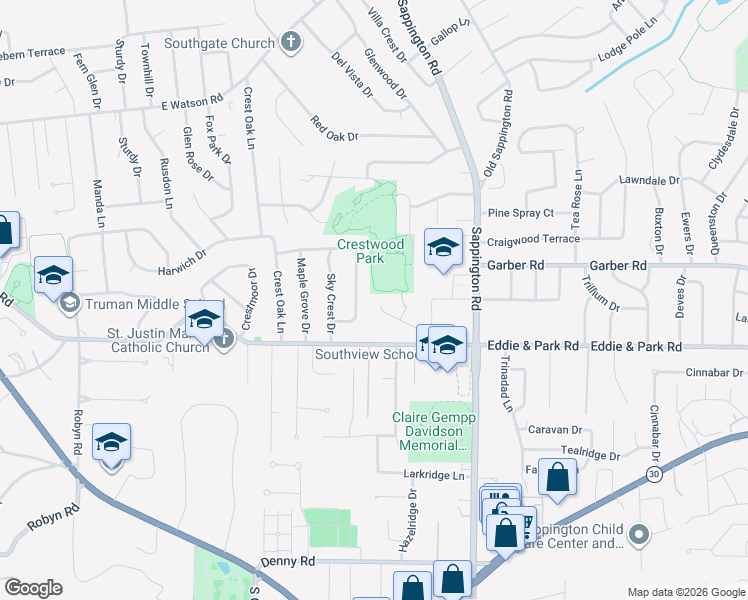 map of restaurants, bars, coffee shops, grocery stores, and more near 11760 Parkshire Drive in St. Louis