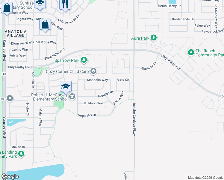 map of restaurants, bars, coffee shops, grocery stores, and more near 4355 Maeve Court in Rancho Cordova