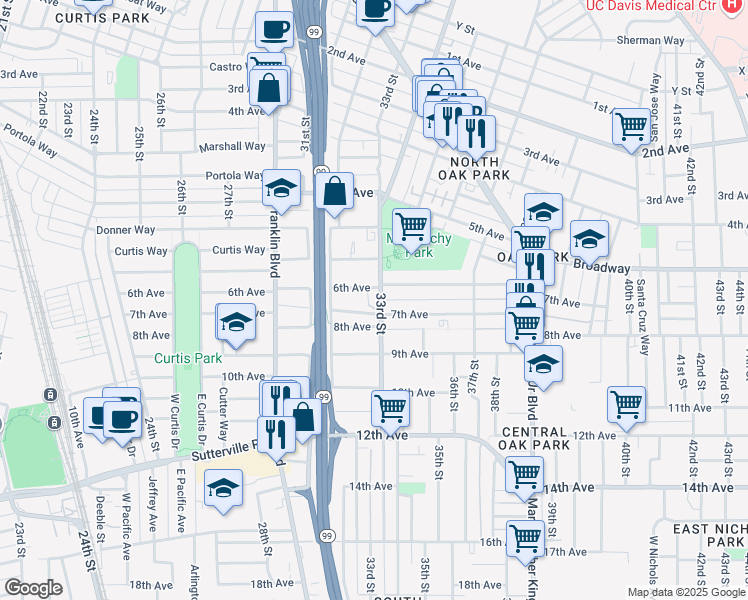 map of restaurants, bars, coffee shops, grocery stores, and more near 3290 6th Avenue in Sacramento
