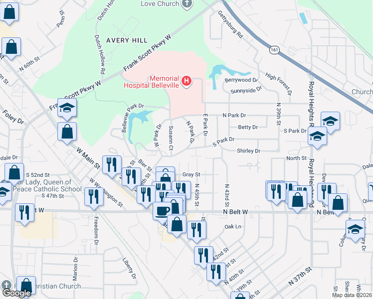 map of restaurants, bars, coffee shops, grocery stores, and more near 4510 South Park Drive in Belleville