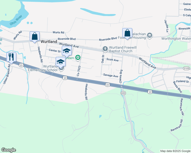 map of restaurants, bars, coffee shops, grocery stores, and more near 1103 Stafford Ave in Wurtland