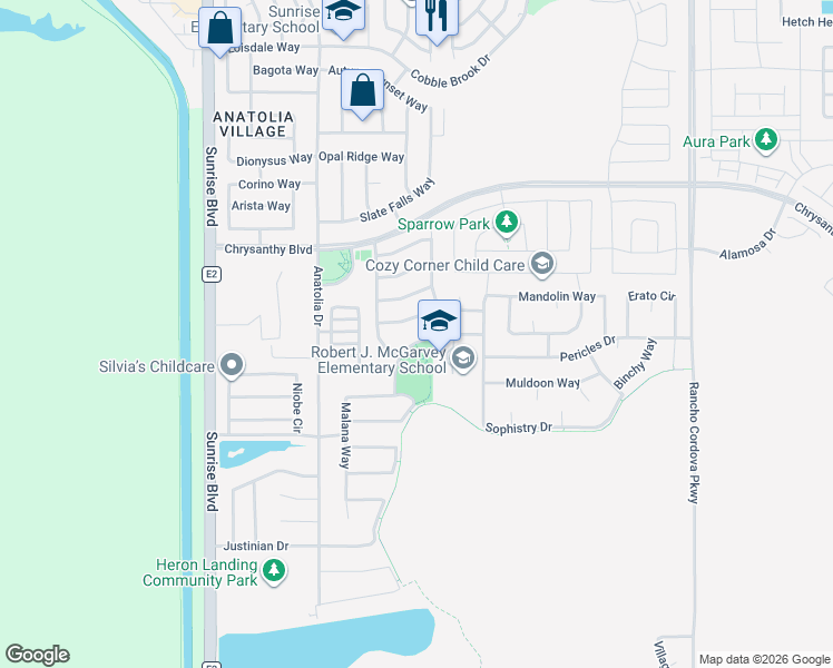 map of restaurants, bars, coffee shops, grocery stores, and more near 11855 Appolon Drive in Rancho Cordova