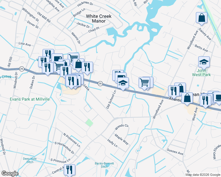 map of restaurants, bars, coffee shops, grocery stores, and more near 35820 Atlantic Avenue in Millville