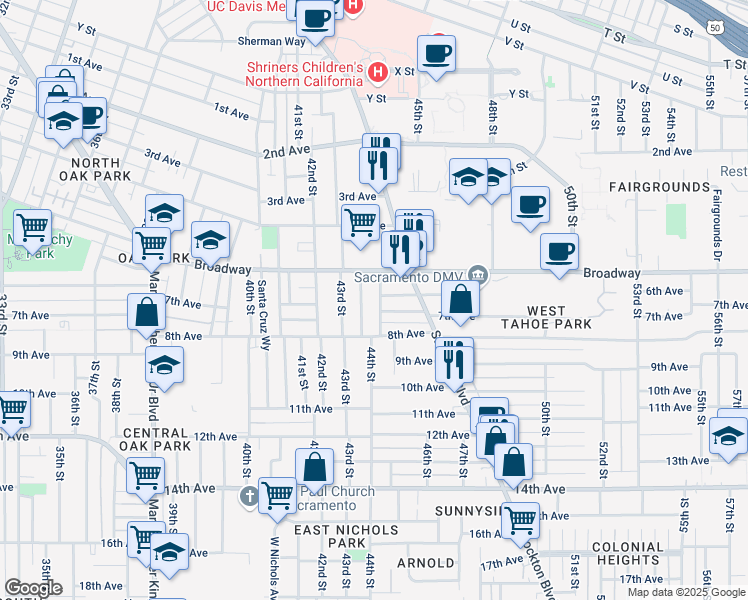 map of restaurants, bars, coffee shops, grocery stores, and more near 3131 San Diego Way in Sacramento