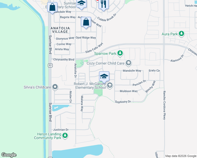 map of restaurants, bars, coffee shops, grocery stores, and more near 11855 Appolon Drive in Rancho Cordova