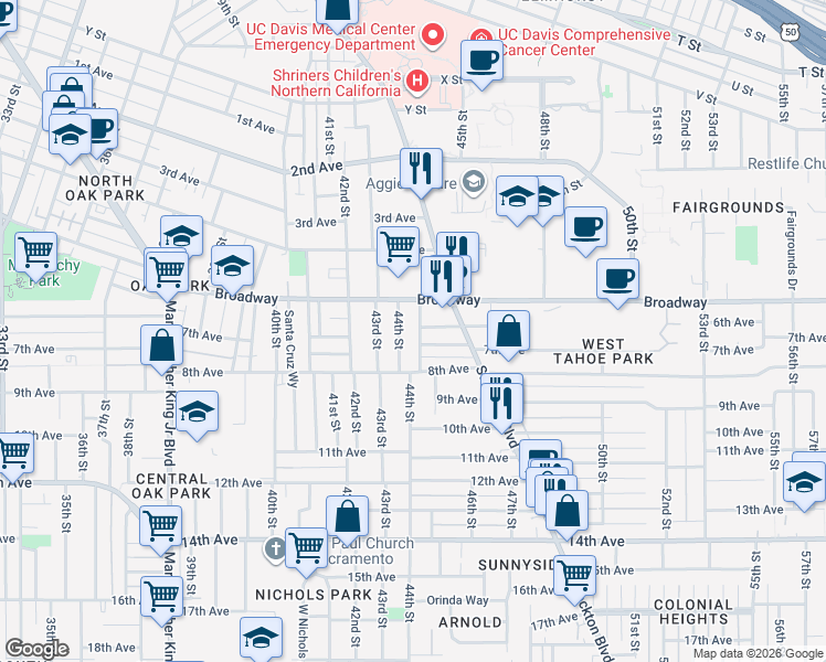 map of restaurants, bars, coffee shops, grocery stores, and more near 3131 San Diego Way in Sacramento