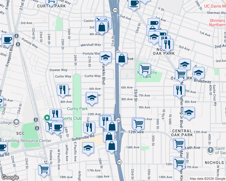 map of restaurants, bars, coffee shops, grocery stores, and more near 3200 31st Street in Sacramento