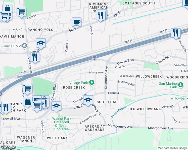 map of restaurants, bars, coffee shops, grocery stores, and more near 720 Braddock Court in Davis