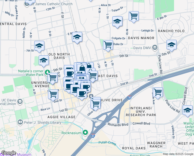 map of restaurants, bars, coffee shops, grocery stores, and more near 917 3rd Street in Davis