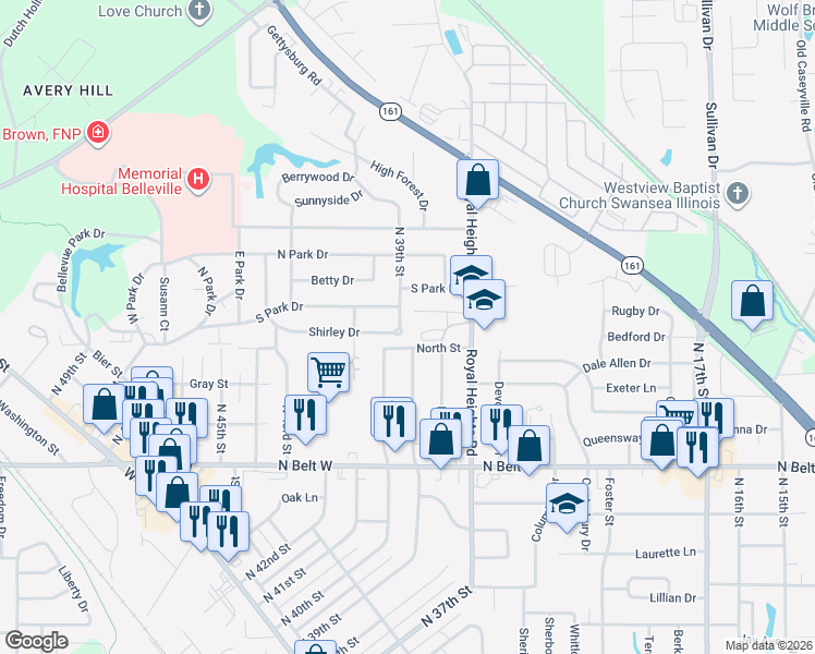 map of restaurants, bars, coffee shops, grocery stores, and more near 808 North 39th Street in Belleville