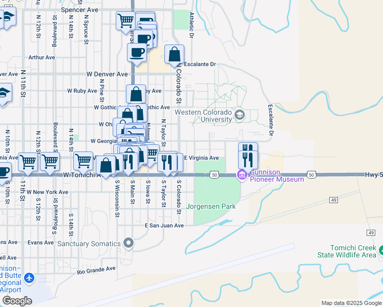 map of restaurants, bars, coffee shops, grocery stores, and more near 501 East Virginia Avenue in Gunnison